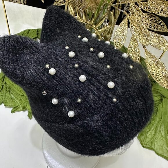 Fuzzy Black Knit Cat Ear Beanie with Pearls – Cute Winter Hat Women’s Warm Soft - Picture 6 of 6